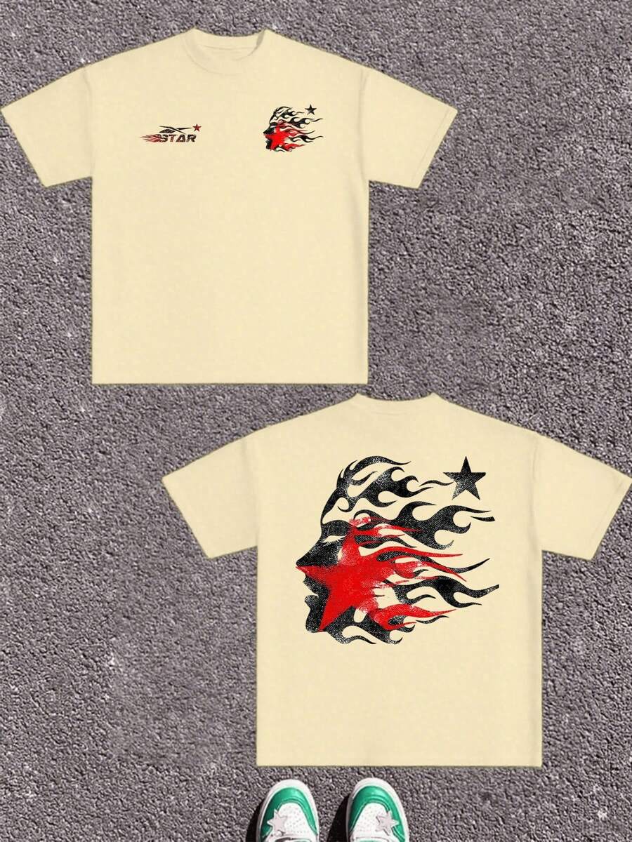 1pcs Men's 100% Cotton Edgy Flaming Face Star Distressed Grunge Double Sided Digital Printed T Shirt Streetwear Hip Hop Urban Oversized Retro Casual Graphic Tee Youth Culture Bold Fashion Statement Apparel - 杏色 - 查看 1