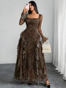 Voworia Plus Size Women's Leopard Print Square Neck Long Sleeve Ruffle Hem Elegant Dress - Brown - View 7