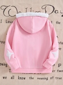 Tween Girl 1pc Y2K Streetwear Comfortable, Flocked Star Pattern, Pink Fluffy Detail Hoodie Coat, Casual Streetstyle - Pink - View 2