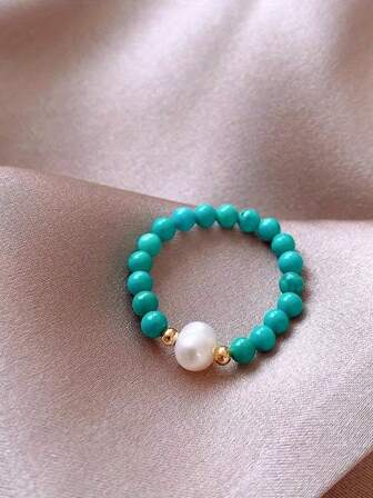 1 件淡水珍珠和绿松石可调节弹性戒指 - 金色装饰，海洋风格设计，适合女性，多功能日常和派对珠宝，情人节礼物，日常佩戴配饰，名人风格珠宝，自然美装饰