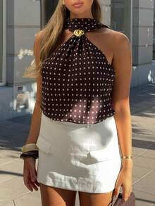 复古法式波点露背吊带休闲度假上衣，女士夏季款 - 棕色 - 查看 5