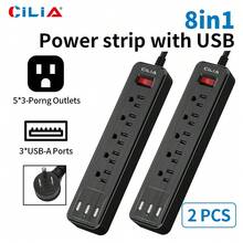 CILIA 1/2 Pcs Flat Plug Surge Protector Power Strip, 6 AC Outlets, 5 Ft Flat Braided Extension Cord,Dorm Room Essentials College,Compact Desk Charging Station Wall Mount For Office, School, Dorm