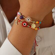 1PC/Fashion Simplicity/Gold Bead Bracelet/Rice Bead Crystal Red Micro Inlaid Copper Moon Red Glass Flat Bead Crystal Red/Mother And Daughter Round Copper Pendant Bracelet/Lucky Red Hand Rope/Mother's Day Gift, Friendship Jewelry, Anniversary Birthday Gift