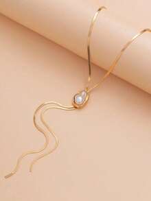 1 Set Baroque Pearl Metal Pendant Y-Necklace Set, Vintage Unique Metal Style, High-End Necklace, Bracelet, Ring - Vintage, Elegant Pearl Inlaid Flat Chain Necklace, Suitable For Women's Wedding, Party, Daily Wear, Holiday Gift