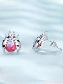 1 pieza Pendientes de botón con mariquita de circonita cúbica hipoalergénica de plata de ley 925, adecuados para uso diario y como regalo