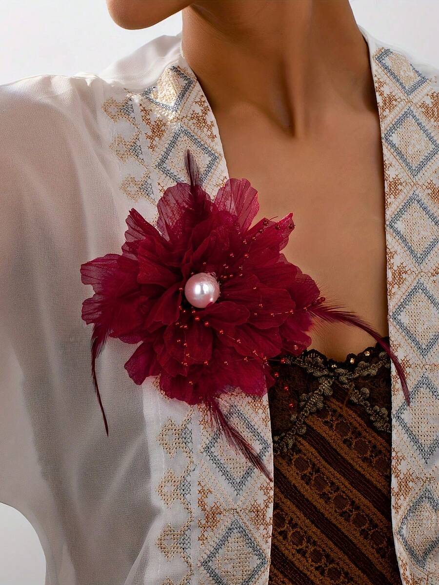 1 pieza Broche elegante de estilo bohemio con diseño de flor de pluma y perla falsa, adecuado para uso diario, vacaciones y regalo de mujer