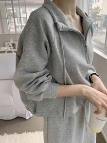 Conjunto otoñal vintage de estilo minimalista con sudadera con capucha de manga larga, cordón y media cremallera + falda recta con abertura trasera Ropa Dos piezas para Mujer - Gris - Ver 4