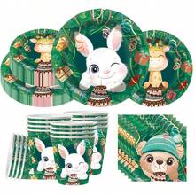 Cartoon Animal Jungle Theme 1/42/60/80/100 Disposable Tableware Set, Including 7-Inch Paper Tray, 9-Inch Cardboard, 9-Ounce Cup, Napkins, Suitable For Daily Gatherings, Birthday Parties, Bridal Showers, Baby Showers, Clubs