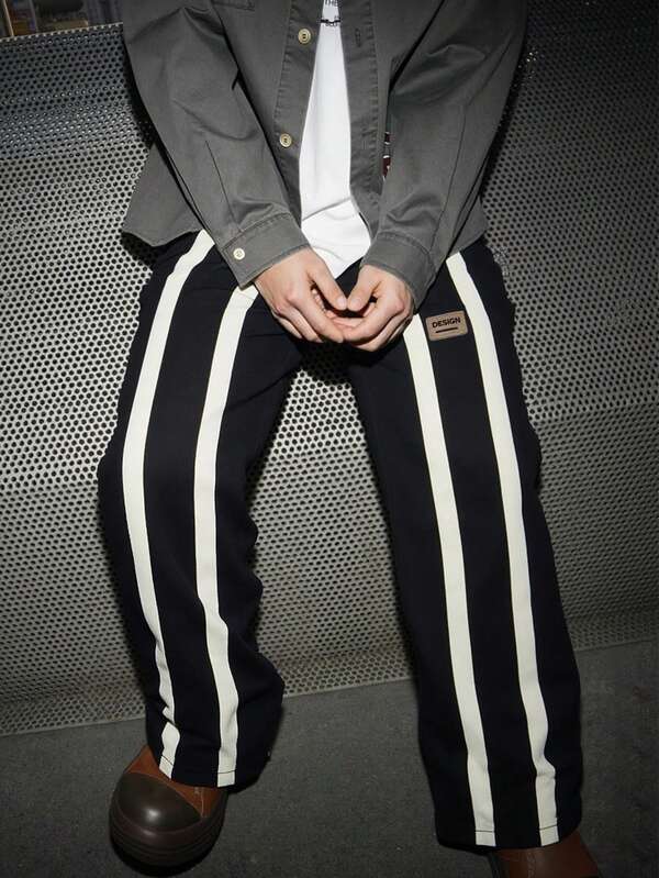 Pantalon droit décontracté ample à rayures patchwork et couleurs contrastées pour hommes, printemps/automne. Pantalon de jogging ample et décontracté en tricot avec étiquette lettrage, polyvalent pour le quotidien, les rendez-vous, l'extérieur, le streetwear