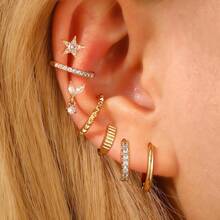 4-7pcs Gold Tone Earring Set, Delicate Stud Earrings, Small 14K Gold Plated Hypoallergenic Dangle Earrings, Ear Cuffs, Women's Gold Jewelry, Gift For Her, Christmas & New Year Gift - Gold - View 2