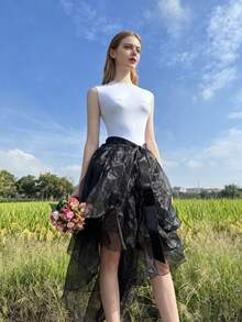 1pc Asymmetrical Hem Tuxedo Dress, Asymmetrical Mermaid Dress, Asymmetrical Puff Dress, Flowy Performance Dress, Glass-Like Maxi Dress, One-Piece Apron, Ruffled Layered Trailing Dress, Suitable For Weddings, Banquets, Performances, Parties, Bridal Party, Stage Shows, Cosplay, Travel Photography Props, Dance Recitals, Halloween Costumes Fall Clothes For Women