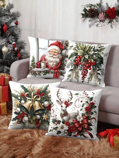 4pcs/1pc Christmas Home Decor Pillow Cover - Santa Claus, Holly, Bells And Reindeer Pattern, 18x18 Inches | Zipper Closure | Bright Colors And Polyester Material | For Living Room, Room Decoration, Sofa And Bedroom (Filling Not Included) Great For Christmas Decorations, Christmas Party, Bedroom Decor, Home Decor