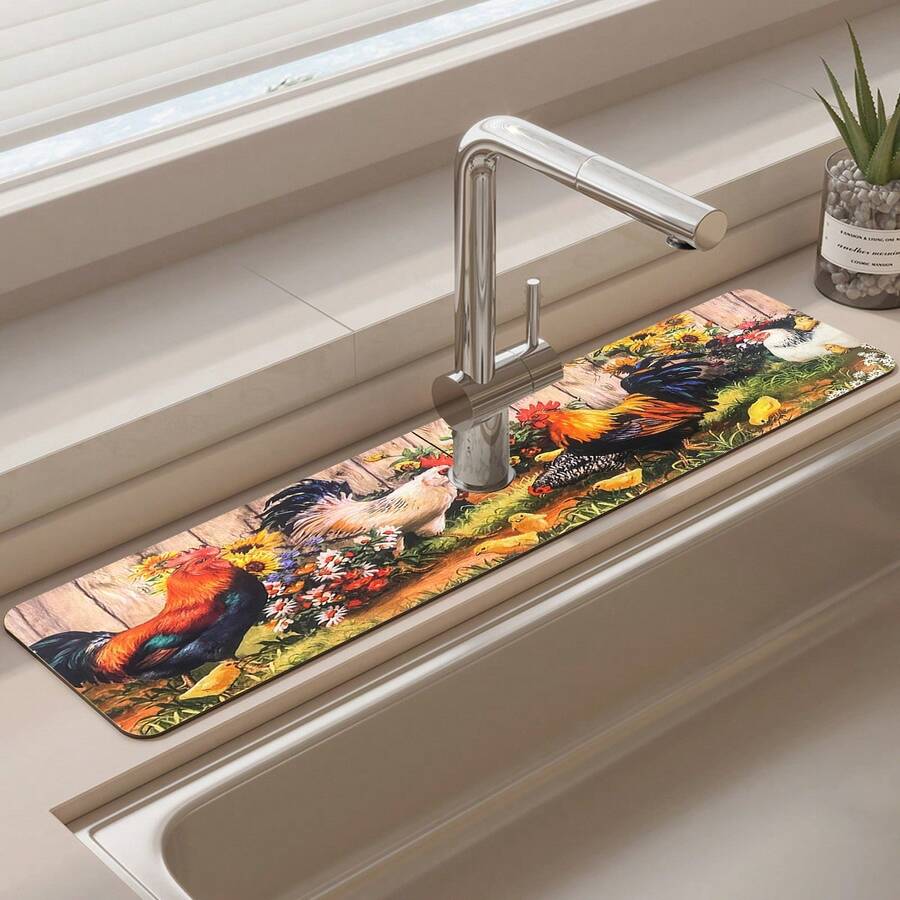 1pc, Farmhouse Chicken Style, Diatom Mud Faucet Absorbent Pad, Bathroom Faucet Splash Pad, Moisture-Proof Anti-Slip Faucet Pad, Kitchen Countertop Accessories.