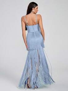 Girsdy Blue Summer Fashion Halter Solid Color Minimalist Handmade Tassel Bandage Sleeveless Dress, Elegant & Graceful For Party, Cocktail, Evening Gown