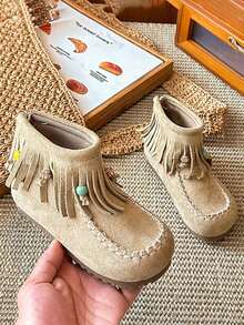 1 Pair Autumn/Winter New Retro Velvet Children Boots, Girls Korean Version Tassel Short Boots With Back Zipper, Princess Shoes