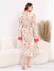 Autumn And Winter Women's Home Robe Plush Thick Lapel Tie Mid-Length Home Robe Floral Pattern Comfortable And Casual Atmosphere Pajamas Home Clothes - 混合色 - 查看 7