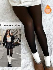 Fleece Lined Thermal Tights For Women, Sexy Translucent Warm Leggings, Suitable For People Of Different Skin Colors, Pantyhose Slim Winter Warm Thick Velvet Stockings Female Cute Insulated Pants - 黑透棕 - 查看 1