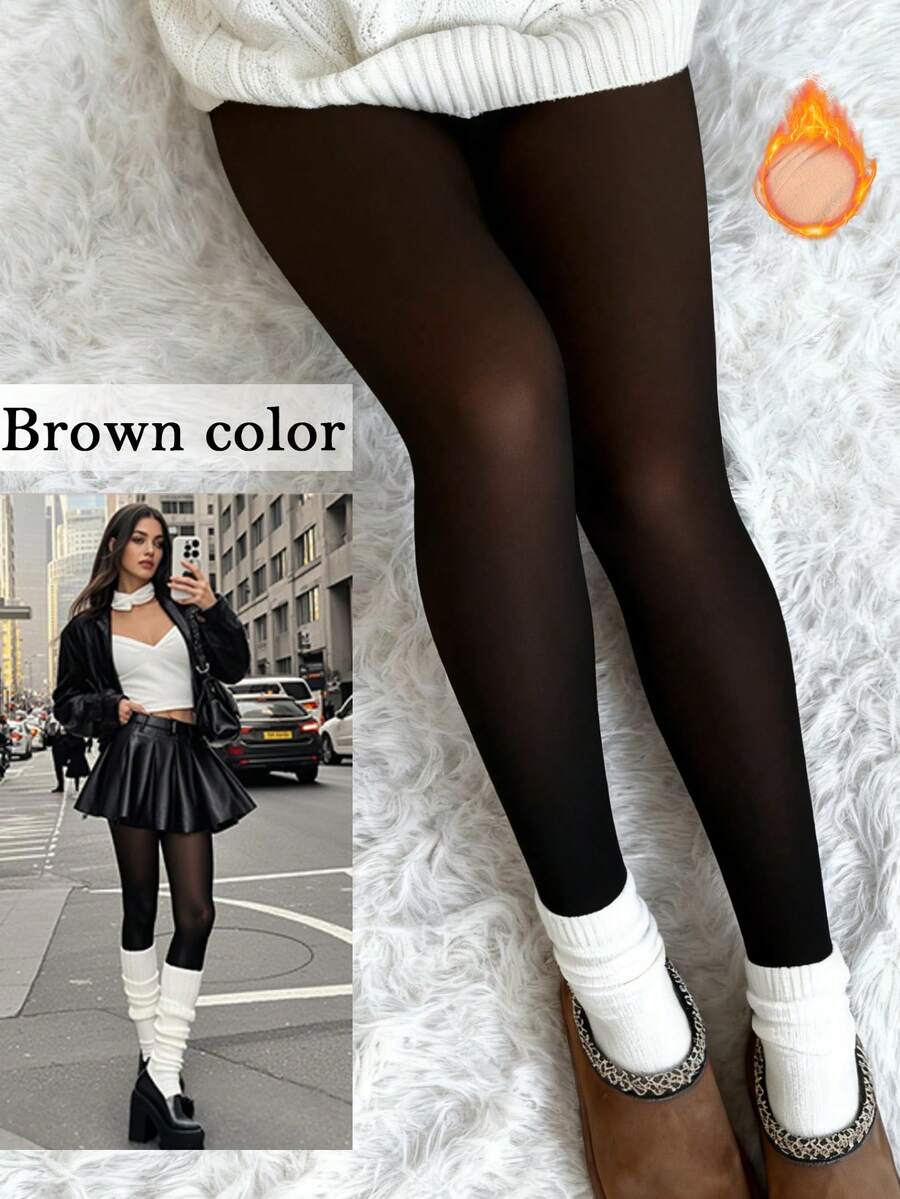 Fleece Lined Thermal Tights For Women, Sexy Translucent Warm Leggings, Suitable For People Of Different Skin Colors, Pantyhose Slim Winter Warm Thick Velvet Stockings Female Cute Insulated Pants - 黑透棕 - 查看 1