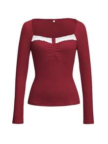 Sunny Girl Style Spring Girlfriend's Day Women's Long Sleeve Square Neck Top, Lace Collar Trim, Sweet Casual Minimalist Campus Style - Burgundy - View 4