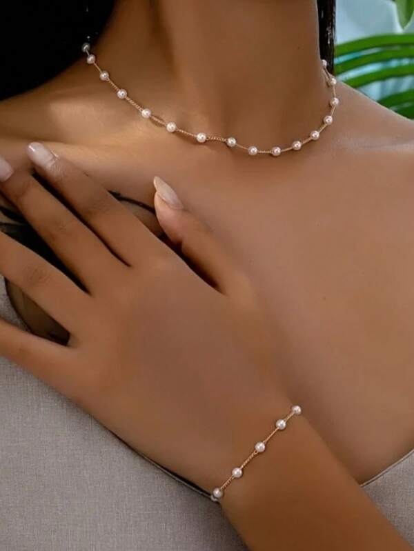 1pc Necklace + 1pc Bracelet, Faux Pearl, Suitable For Daily Occasions, Valentine's Day Gift, Mother's Day Gift, And Gift For Family
