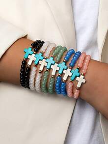5/10pcs Colorful Glass Beaded Elastic Bracelet Set, Unisex DIY Multi-Layer Cross Bracelet, Suitable For Casual Daily Wear