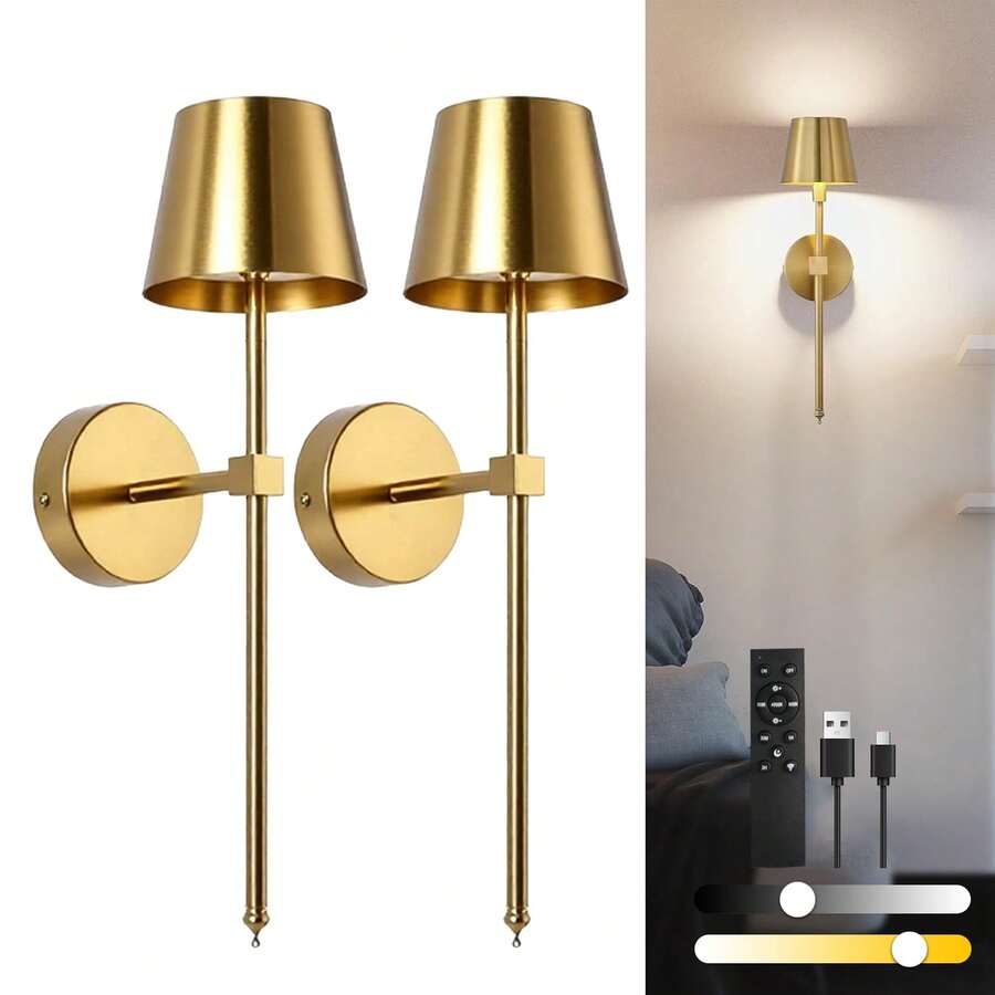 2 Packs Wireless Charging LED Wall Lamp, Black/Gold/White Long Style Optional, Touch + Remote Dual Control, Stepless Dimming, Ideal For Bedroom Vanity, Living Room, Bedroom Headboard, Study & Night Light, Perfect Christmas Gift