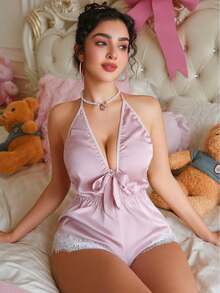 1 pieza de mono sexy de mujer con cuello halter en color rosa loto con escote profundo en V, lencería sexy con espalda descubierta y encaje blanco