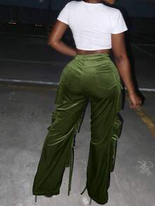Women's Velvet Cargo Pants Stretchy High Waist Straight Leg Casual Baggy Solid Y2K Trousers With Multiple Pockets - 綠色 - 查看 7