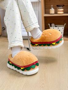 نعال منزلية سميكة القاع بتصميم كرتوني لطيف على شكل همبرغر ثلاثي الأبعاد للنساء، نعال منزلية دافئة مغلقة الأصابع للاستخدام الخارجي للأزواج