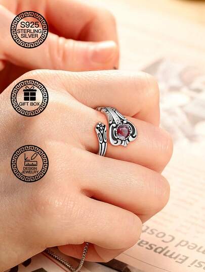 1 pieza Anillo de diseño de cuchara floral gótica de plata esterlina S925 con piedra de circonita roja, anillo protector, anillo de pareja, adecuado para uso diario, Halloween, Pascua, también es excelente para el Día de San Valentín, el Día de la Madre, festivales de música, regalo de cumpleaños, viene con caja de regalo
