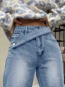 Women's Y2K Washed Asymmetric Belt Decor Casual Jeans With Side Pockets