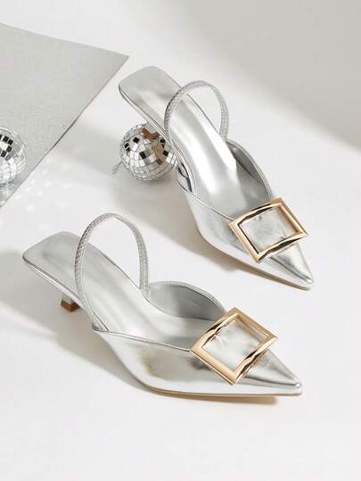 Damskie, nowe, jesienne, złote, prostokątne, metalowe, ozdobne, modne, eleganckie, uniwersalne, szpiczaste czółenka na obcasie typu kociak, srebrne, wysokie czółenka, odpowiednie na Walentynki, Halloween, Boże Narodzenie, randkę w sezonie ukończenia szkoły, zakupy, dojazdy do pracy, imprezę