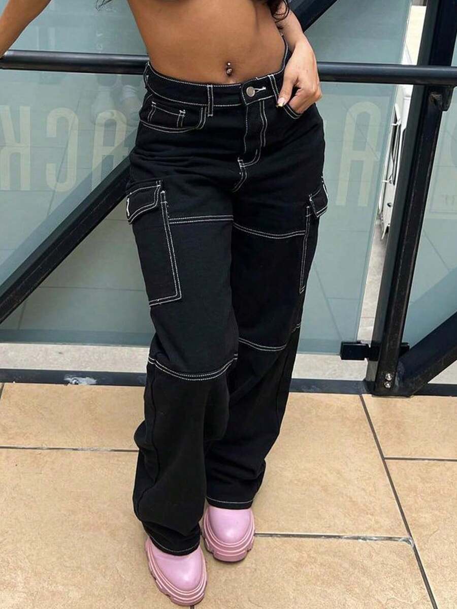 Quần jeans ống đứng ống đứng baggy túi nắp Y2K dành cho nữ - màu đen - Xem 1