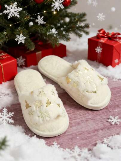 Pantuflas de mujer con diseño de copo de nieve esponjoso de punta abierta, cálidas para interiores, aptas para otoño/invierno, adecuadas para dormitorios de estudiantes