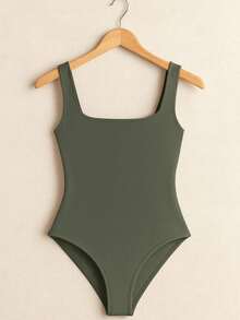 Women's Bori Bodysuit Square Neck Tank Top Thick Strap Basic Casual Blogger Suplex Various Colors Spring Summer - 軍綠色 - 查看 2