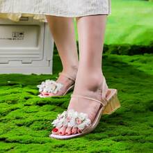2025 New Fairy Style Fashion Summer Floral High Heel Convertible Thick Heel Transparent Crystal Sandals
