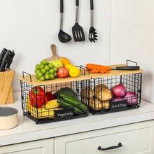 2 Set XL Stackable Wire Basket With Bamboo Tops & Tags- Pantry Organizer And Storage Bins, Kitchen Counter Cabinet Shelf Countertop Under Sink Organizing,  Snack Produce Onion Potato Bread Storage - L - 查看 9