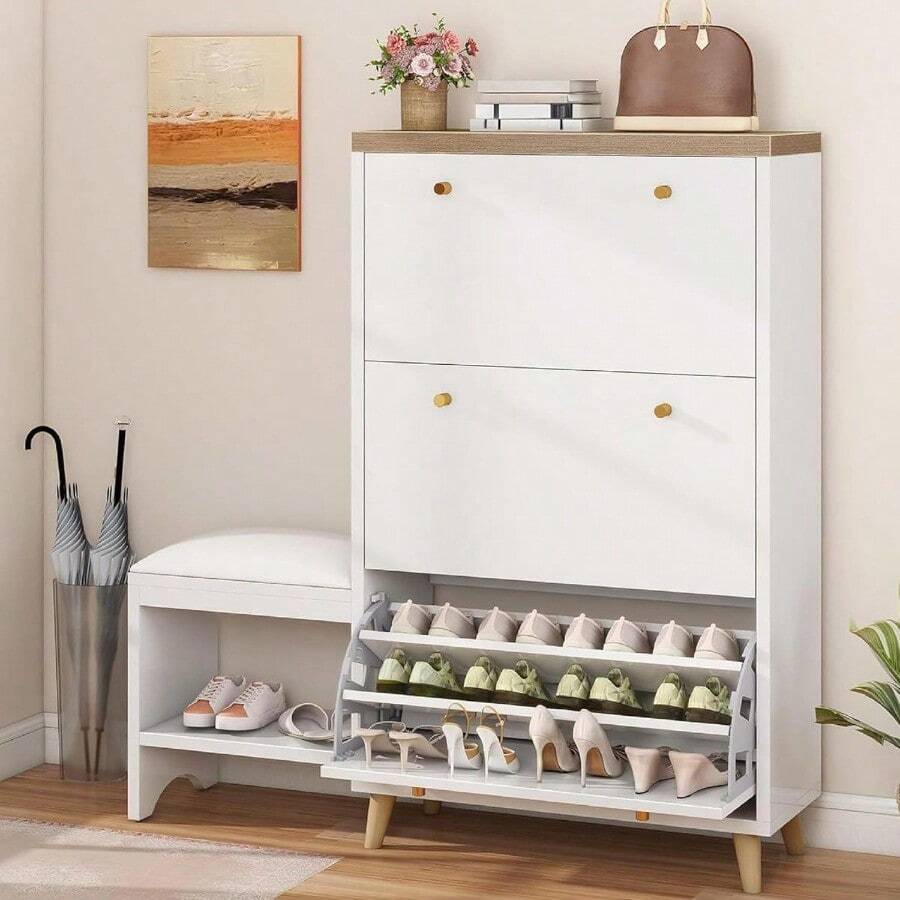DWVO Shoe Cabinet With Bench For Entryway Modern Shoe Storage Cabinet Shoe Bench Narrow Hidden Shoe Organizer With 3 Flip Drawer For Hallway Closet Living Room White - trắng - Xem 1