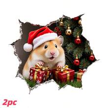 قطعتان من ملصقات الحائط لزينة عيد الميلاد، ملصقات حائط 3D لخنزير كيوت يرتدي قبعة سانتا كلوز، ملصقات عيد الميلاد قابلة للإزالة من البولي فينيل كلورايد ذاتية اللصق لغرفة المعيشة والنوم والمتجر وزينة صندوق هدايا عيد الميلاد