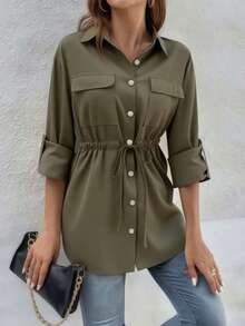 Chic Green Polyester Non-Stretch Shirt With Collared Neck And Long Regular Sleeves For Women