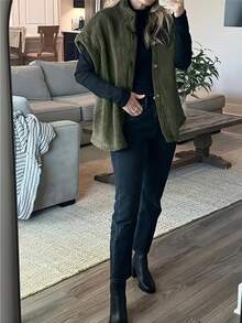 Plus Size Women Solid Color Teddy Fleece Elegant Casual Vest Jacket, Suitable For Daily Office Wear, Autumn/Winter - Green - View 3