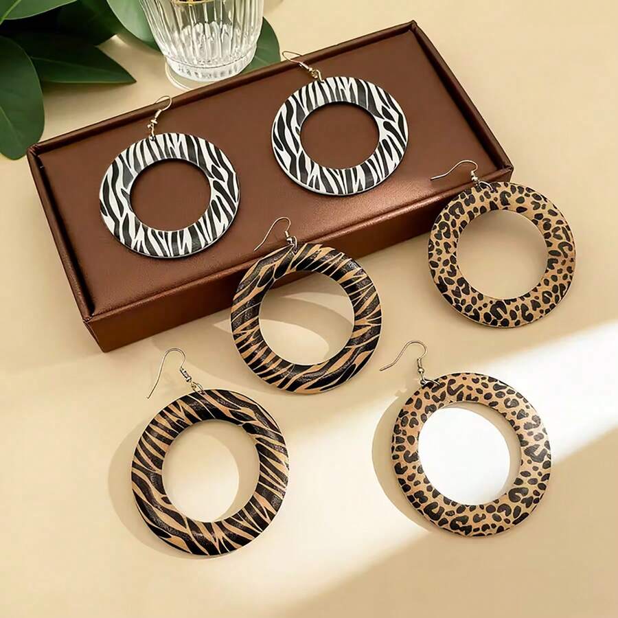 3 Pares/Conjunto, Brincos de Argola Grandes Exagerados, Estampa de Zebra e Leopardo - Presente Casual Diário/Férias para Mulheres, Brincos de Jóias de Contas de Madeira Criativas - Multicolorido - Visão 1