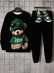 Men 2pcs Fashionable Casual Bear Pattern Sweatshirt & Pants Set, Cozy Outfits, Fall Clothes