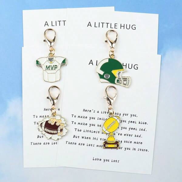 4 Stücke Fußball Sport Schlüsselanhänger Set, beinhaltet Fußballtrikot mit "MVP" Aufdruck, Fußballhelm, Fußball und Fußball Trophäe, mit Metallschlüsselring. Der Kartentext vermittelt die Bedeutung, den Empfänger zu trösten, wenn er traurig oder depressiv ist, ihm Lächeln und Glück zu bringen, geeignet als Geschenk für Freunde, die Fußballsport lieben, oder zum Versenden, wenn die andere Party in schlechter Stimmung ist, um Fürsorge und Ermutigung auszudrücken. Weihnachtsgeschenk