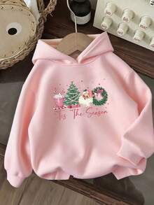 Christmas Girls' Hooded Sweatshirt Casual Printed Pattern Loose Sweatshirt Children's Clothing - 粉色 - 查看 1
