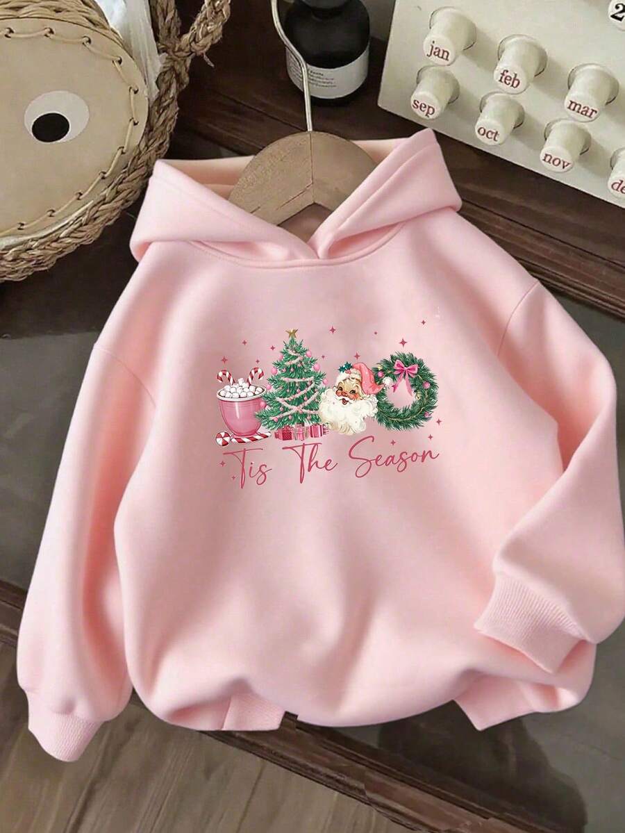 Christmas Girls' Hooded Sweatshirt Casual Printed Pattern Loose Sweatshirt Children's Clothing - 粉色 - 查看 1