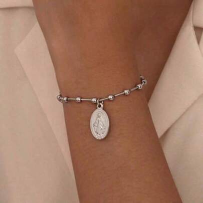 Pulseira de corrente de contas da Virgem Maria banhada a vácuo em aço inoxidável prateado 18K para mulheres