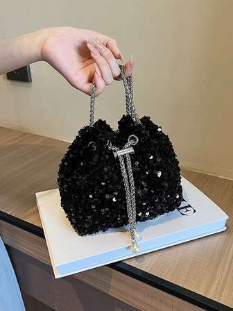 1pc Drawstring Closure PVC Sequined Metallic Faux Pearl Decor Colorful Bucket Bag, Shoulder Strap Crossbody Lipstick Case, Fashion Gift Bag Suitable For Women Party/Evening Outfit, Tready Party Bags,Perfect For Party, Wedding, Prom, Dinner/Banquet, Perfectly Matching With Prom Dresses For Women, Prom Accessories,Sequin Dress Women,Sparkly Dress,Elegant Dresses For Women, Elegant Prom Bag