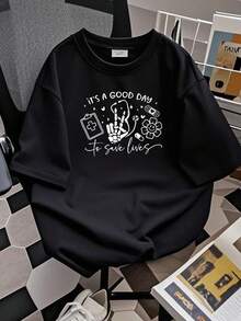 180g pure Cotton It's a Good Day to Save Lives Shirt Nurse Graphic Tee with Skeleton Cute Medical Gift for Healthcare Workers, ER &amp; ICU Staff graphic Soft Slightly Comfortable streetwear Unisex fashion Print Round Neck Short Sleeve Versatile Top For Everyday Wear - Negro - Ver 3