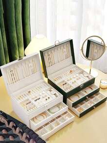 1pc Jewelry Storage Box, Large Capacity Jewelry Box With Lock, Large PU Leather Jewelry Box, Watch Storage Box, Earring, Necklace, Ring, Bracelet Storage Box, Drawer-Type Jewelry Storage And Display Box, Dressing Table Organizer, Jewelry Storage And Organization, Holiday Gift, Women's Gift, Valentine - 白色 - 查看 4